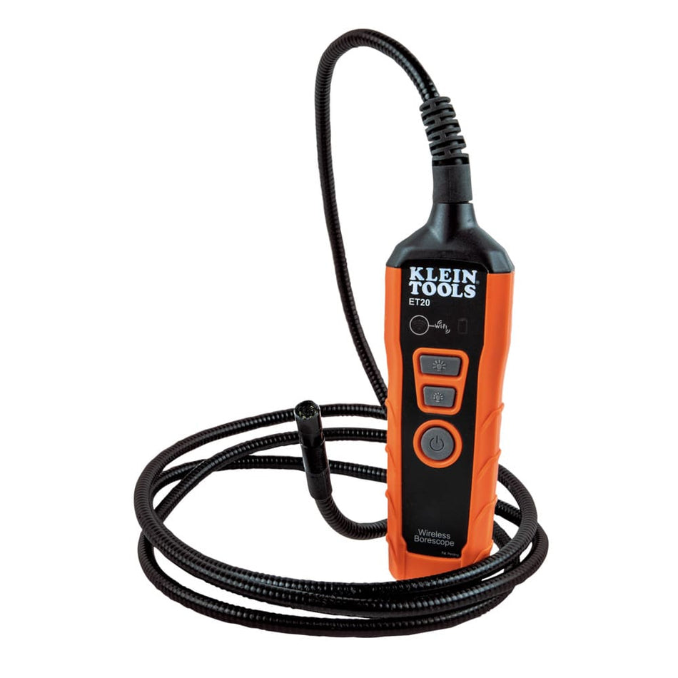 A professional studio view of the Klein Tools ET20 WiFi Borescope. The device features a rugged orange and black handheld transmitter with an integrated 6-foot armored gooseneck cable and a waterproof 9mm inspection camera head, designed for wireless connection to smartphones.