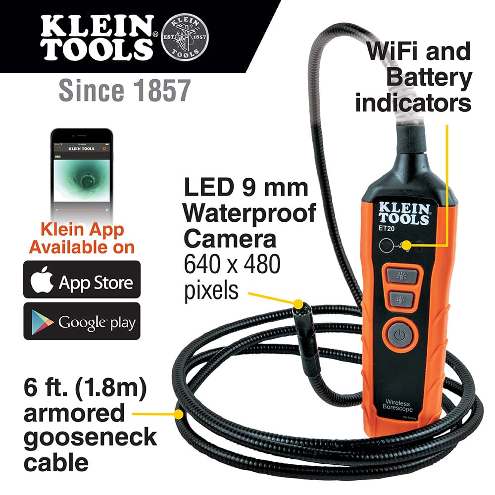 Product feature infographic for the ET20 WiFi borescope highlighting the 9mm waterproof camera with 640 x 480 pixel resolution. The graphic calls out the 6-foot armored gooseneck cable, the built-in WiFi and battery status indicators, and compatibility with the Klein Borescope App on the App Store and Google Play.