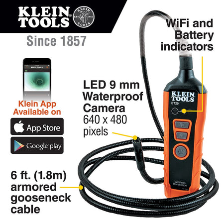 Product feature infographic for the ET20 WiFi borescope highlighting the 9mm waterproof camera with 640 x 480 pixel resolution. The graphic calls out the 6-foot armored gooseneck cable, the built-in WiFi and battery status indicators, and compatibility with the Klein Borescope App on the App Store and Google Play.