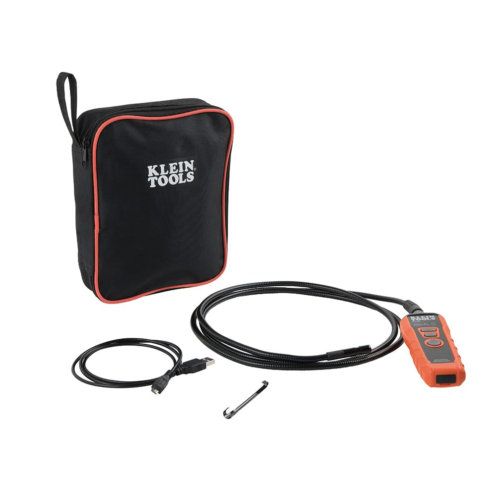 Full product kit layout for the ET20 borescope featuring the handheld WiFi transmitter, the coiled 6-foot gooseneck camera probe, a specialized hook attachment for retrieving items, a USB charging cable, and a black zippered carrying case with orange piping.
