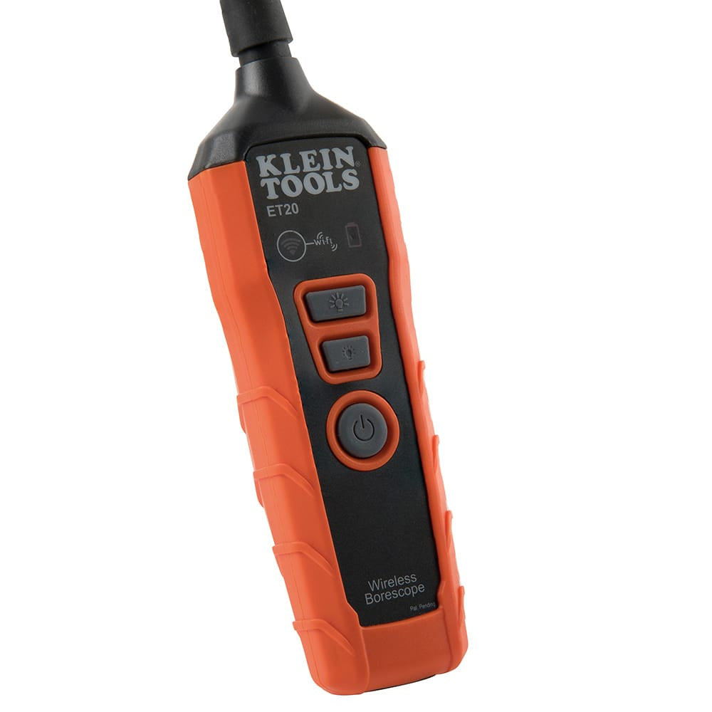 A detailed perspective of the ET20 handheld unit's control interface. The tactile buttons include a main power switch and dual brightness adjustment controls for the 6 on-board LEDs, alongside clear indicators for wireless signal and battery life.