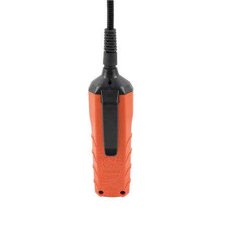 Rear view of the Klein Tools ET20 borescope transmitter showing the integrated high-tension pocket clip. This ergonomic design allows technicians to securely attach the device to a belt or pocket while maneuvering the inspection camera through tight spaces.
