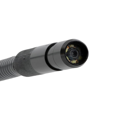 Extreme close-up of the 9mm waterproof camera head on the ET20 borescope. The lens is surrounded by 6 high-intensity LEDs, providing the essential illumination required for capturing clear diagnostic imagery in dark conduits or plumbing pipes.