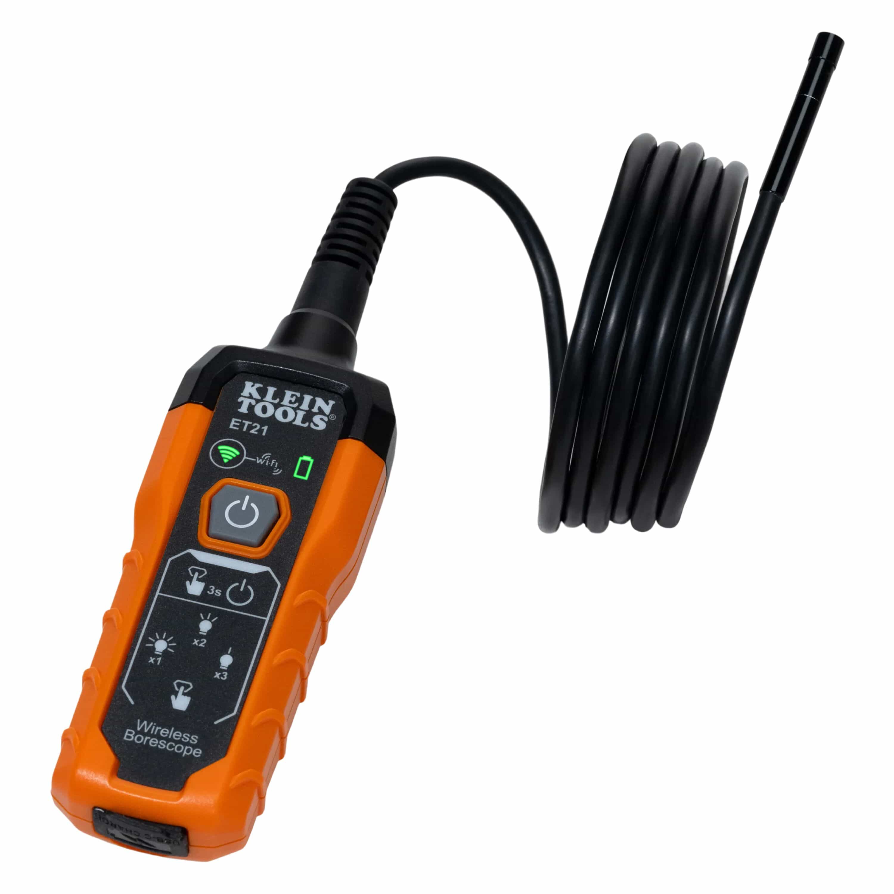 Full view of the Klein Tools ET21 wireless borescope featuring an orange and black handheld transmitter with a coiled 5-foot camera cable and a slim 5.5mm inspection tip.