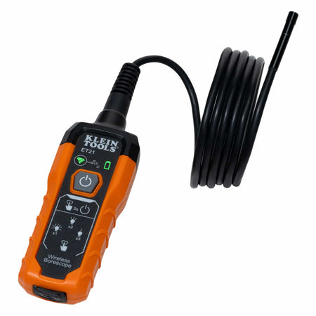 Full view of the Klein Tools ET21 wireless borescope featuring an orange and black handheld transmitter with a coiled 5-foot camera cable and a slim 5.5mm inspection tip.