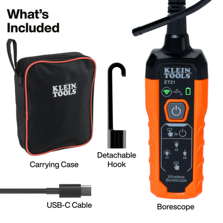 Product infographic showing what is included in the kit: a rechargeable WiFi borescope, a black protective carrying case, a detachable hook attachment, and a USB-C charging cable.