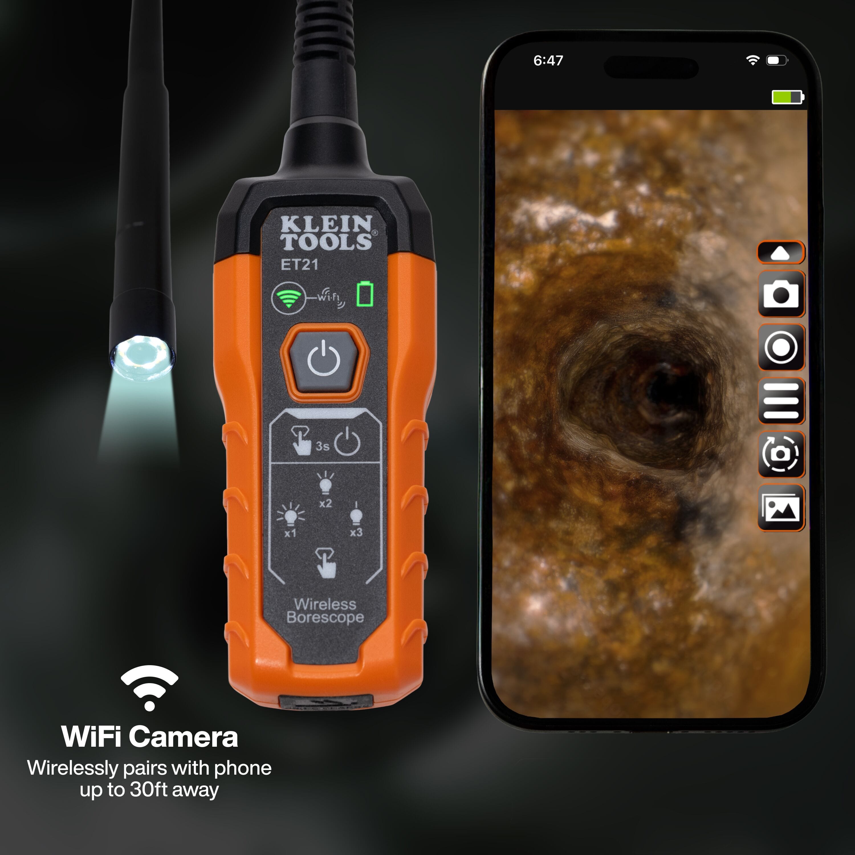 Infographic showing the WiFi camera wirelessly paired with a smartphone up to 30 feet away, displaying a live high-definition view of a dark pipe interior via the dedicated mobile app.
