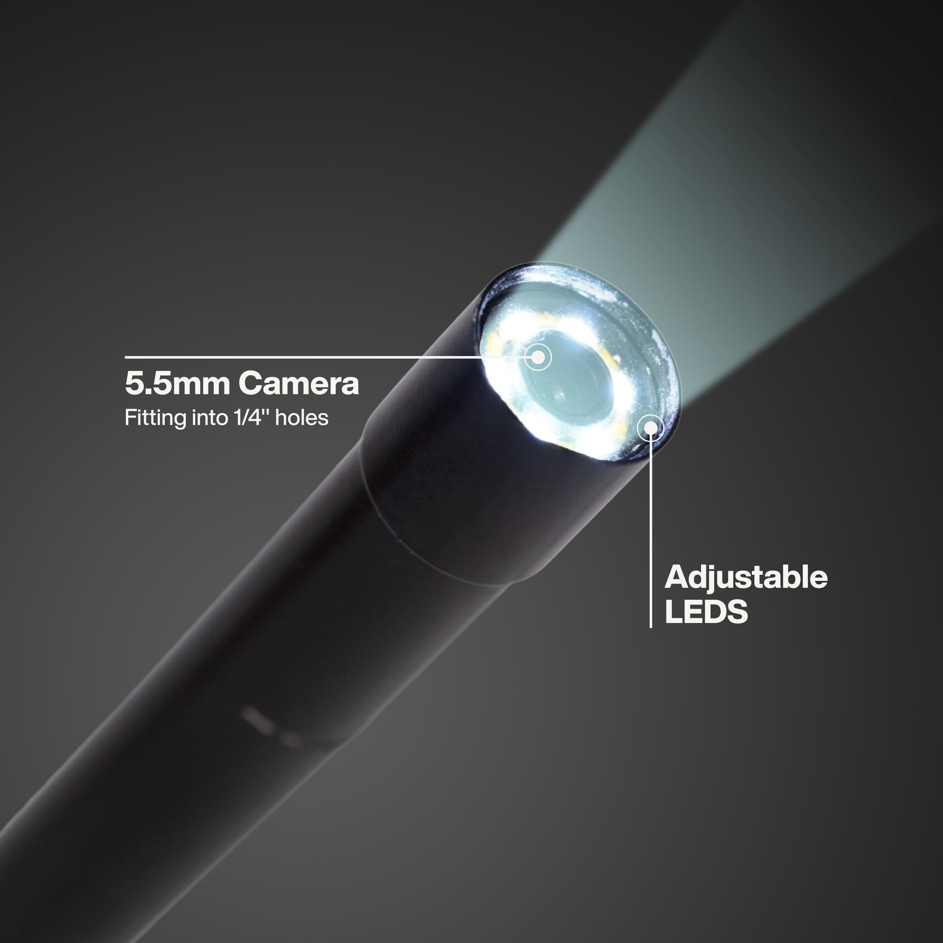 Close-up of the 5.5mm borescope camera head showing the integrated adjustable LED lights designed for high-visibility inspections through holes as small as 1/4-inch.