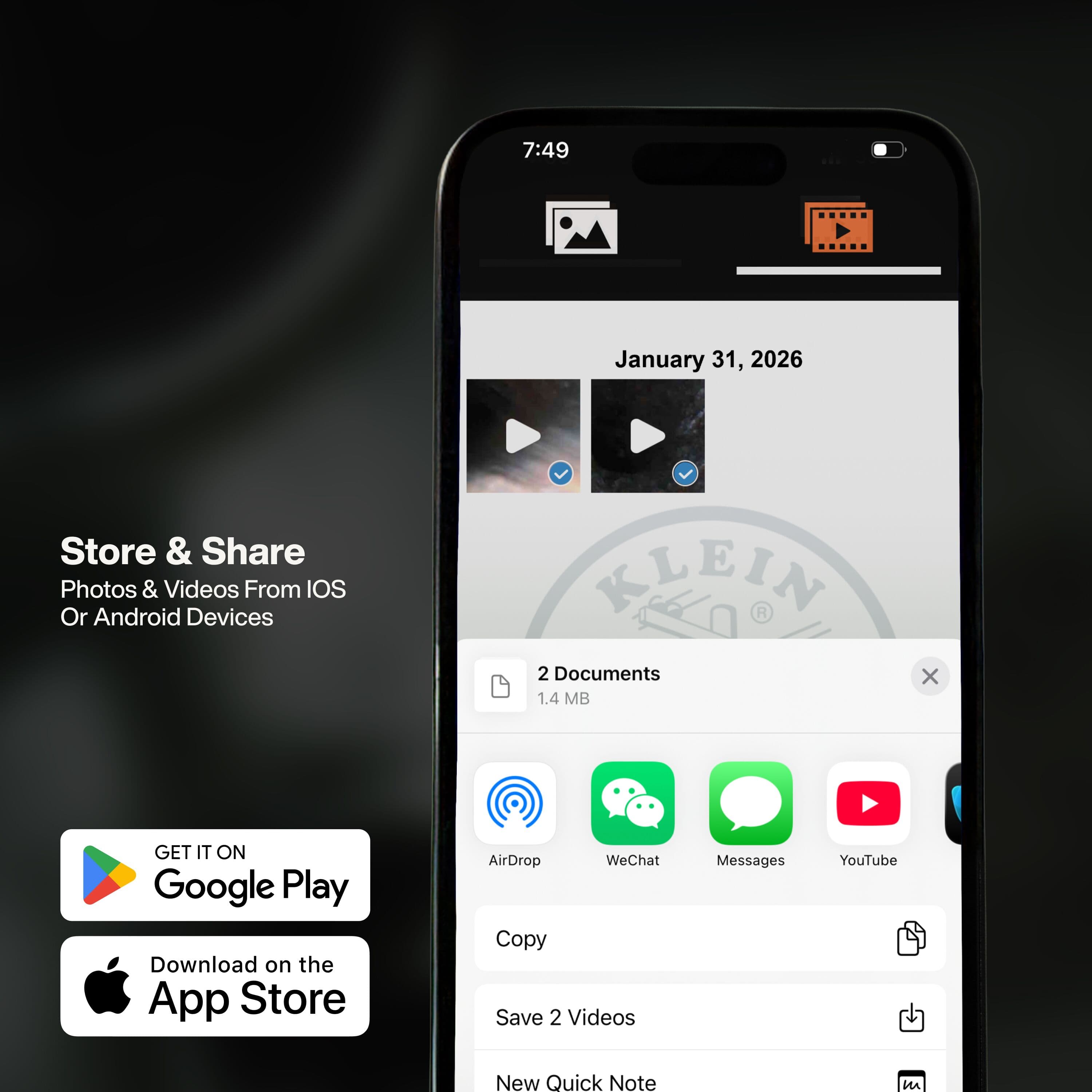 Screenshot of the smartphone app interface showing the store and share functionality for photos and videos on iOS and Android devices, including icons for AirDrop, Messages, and YouTube.