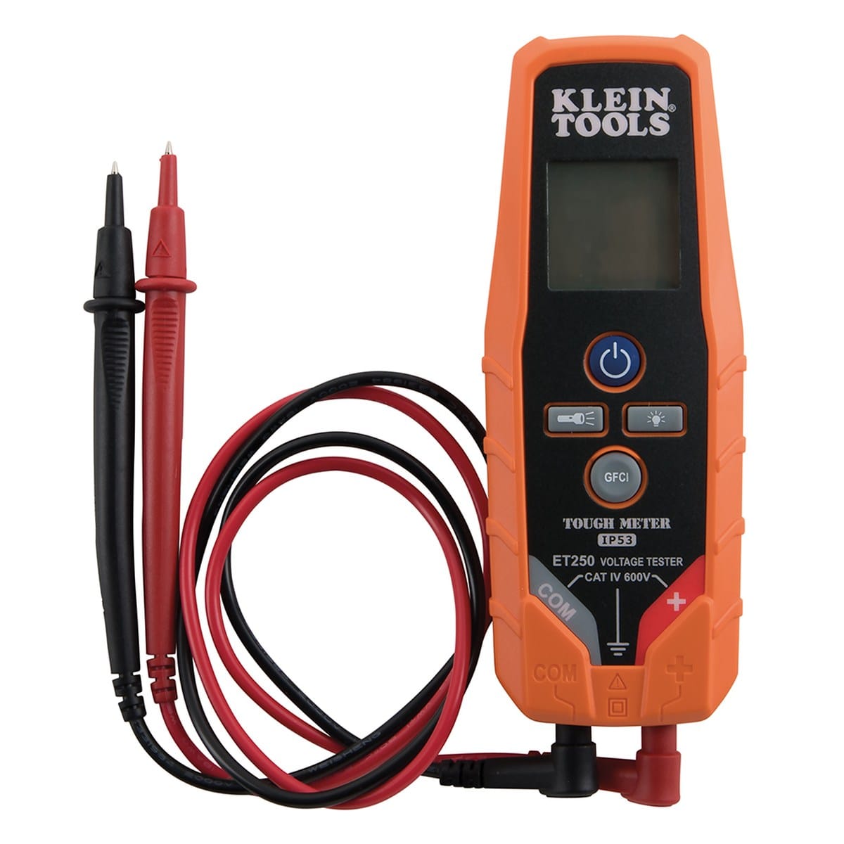A front-facing studio shot of the Klein Tools ET250 digital AC/DC voltage and continuity tester. The device features a rugged orange and black housing, a clear digital LCD screen, a central power button, and dedicated buttons for the integrated flashlight and GFCI test function. A set of red and black test leads is shown connected to the base.