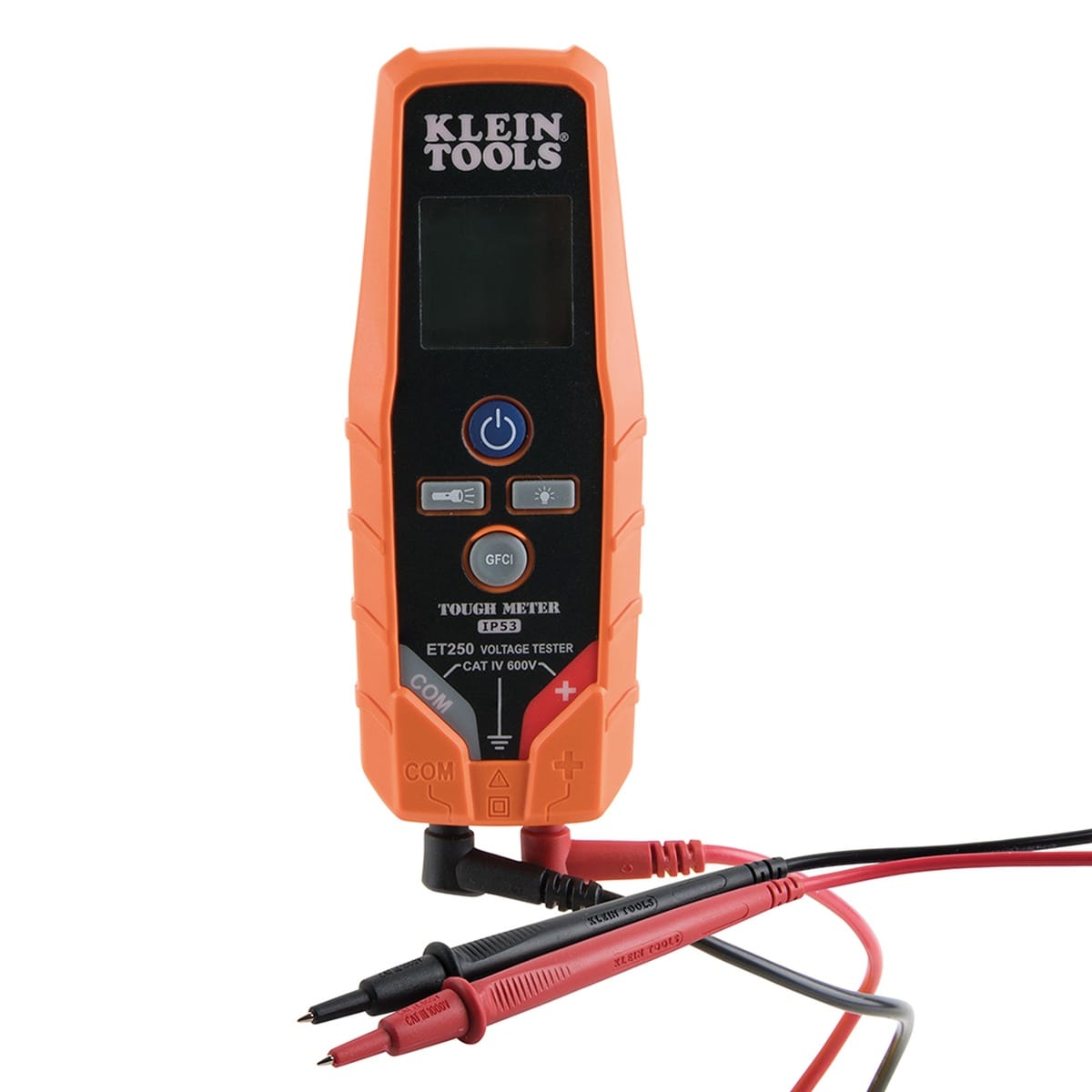 An angled perspective of the ET250 voltage tester highlighting the secure connection points for the replaceable test leads. The tool is labeled as a "Tough Meter" with an IP53 rating and CAT IV 600V safety certification, emphasizing its durability for professional electrical work.