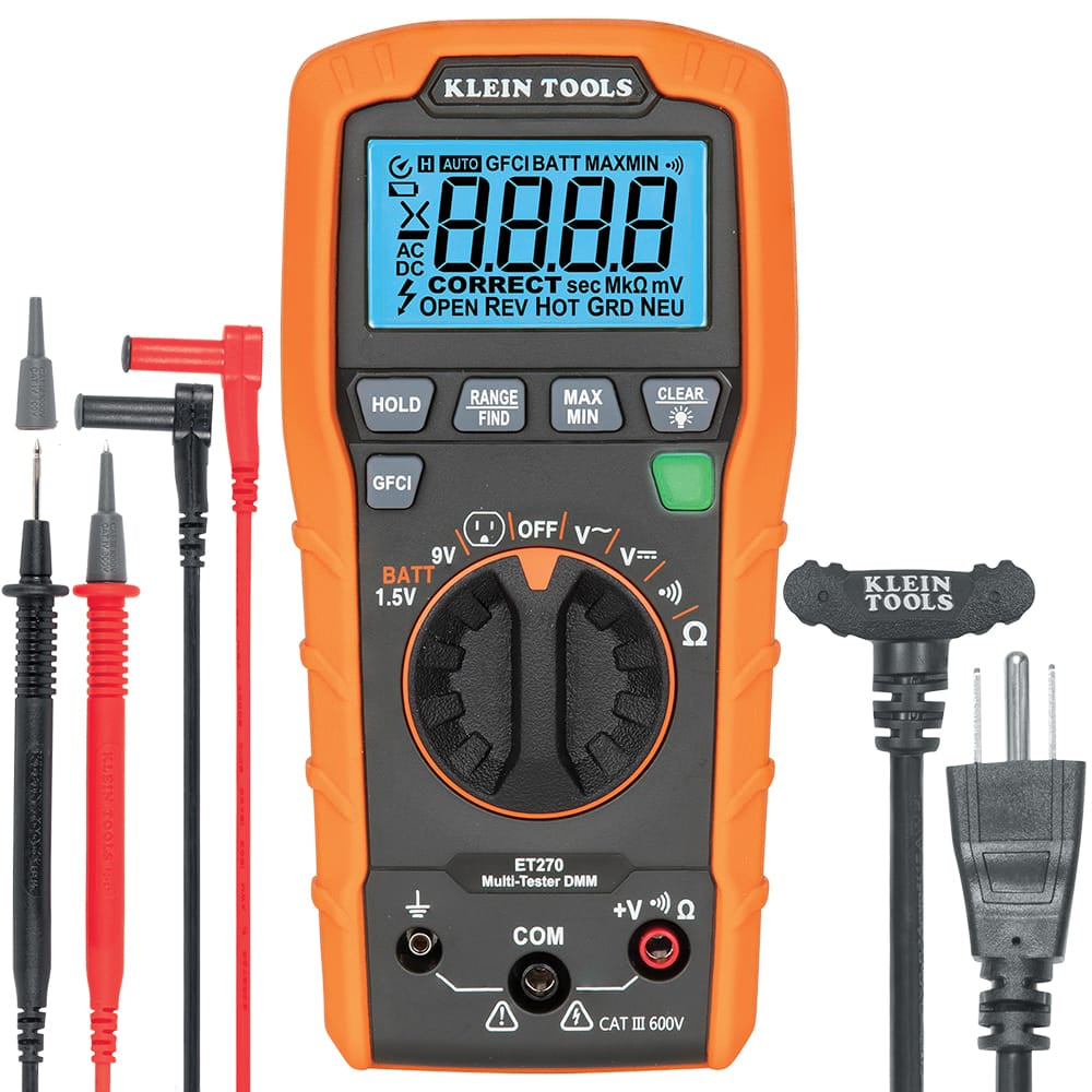 Front view of the Klein Tools ET270 Digital Multimeter and GFCI Receptacle Tester showing the large backlit LCD display, selection dial, and function buttons. The image includes the specialized receptacle test cord and a pair of professional-grade right-angle test leads with removable safety caps.