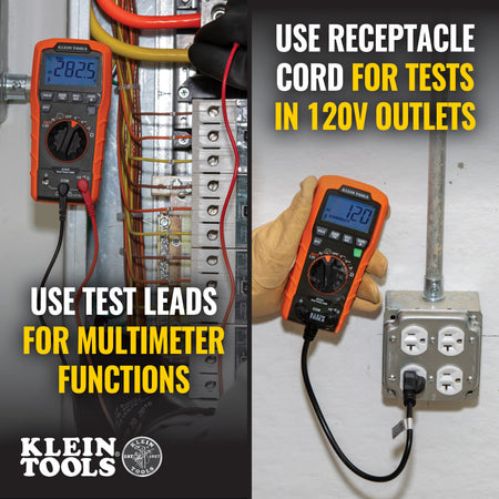 Split-screen application photo demonstrating the dual functionality of the ET270. The left side shows the multimeter measuring $282.5V$ AC in an electrical panel using test leads, while the right side shows the receptacle cord testing a 120V outlet with a "Correct" wiring indication on the display.