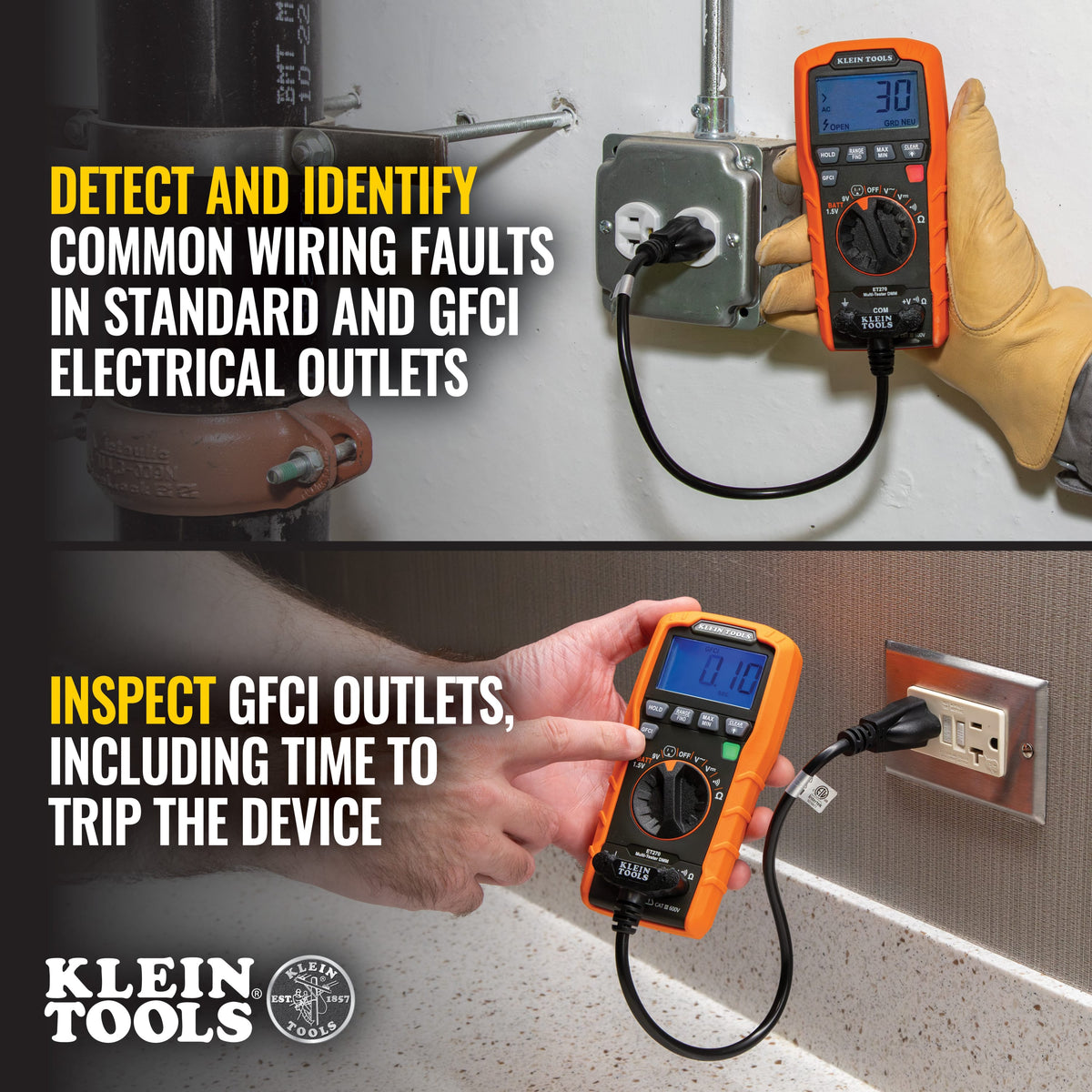 Action shots demonstrating diagnostic capabilities: the top image shows the ET270 detecting an open ground/neutral wiring fault in a standard outlet, and the bottom image shows a technician using the GFCI button to test an outlet's trip time, displayed as 0.10 seconds.