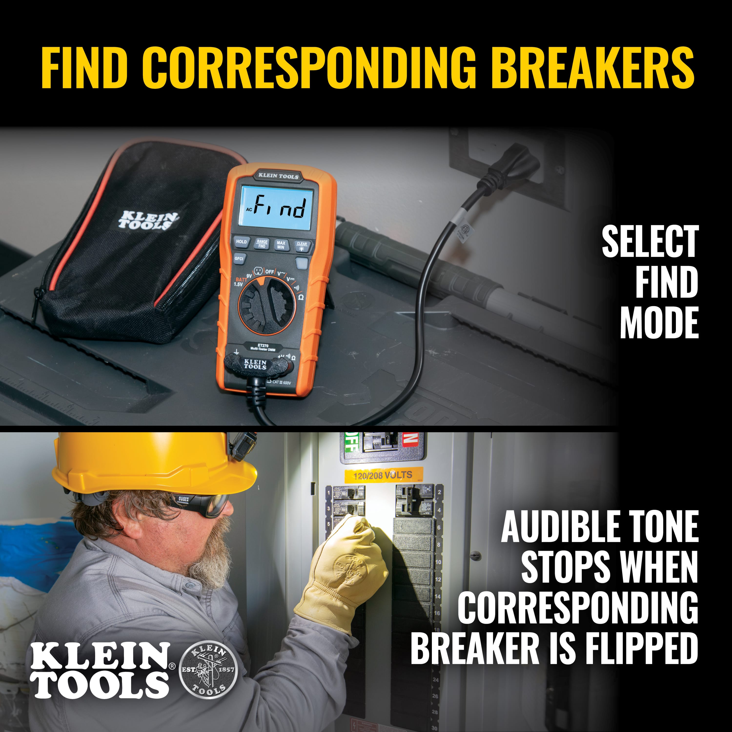 Instructional graphic for the FIND mode feature. The top panel shows the ET270 plugged into an outlet in Find Mode, while the bottom panel shows an electrician at the breaker box where an audible tone stops once the correct corresponding circuit breaker is flipped.