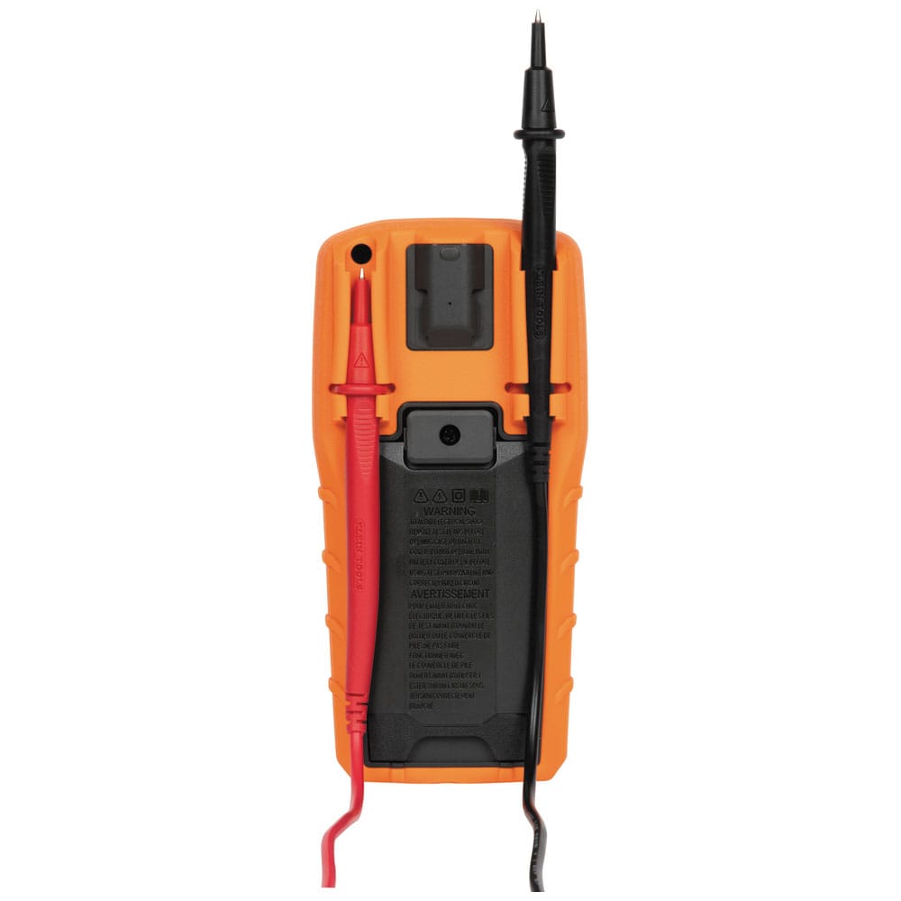 Rear view of the ET270 multimeter showcasing the built-in test lead storage clips and the mounting point for an optional magnetic hanger. This design keeps the red and black probes organized and accessible during transport and storage.