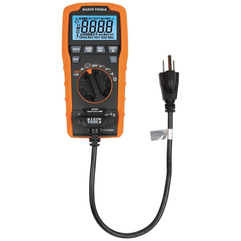 Full front shot of the ET270 tester with the North American 120V receptacle test cord attached. The screen displays a full segment check, highlighting the various diagnostic icons for hot, ground, and neutral wiring conditions.