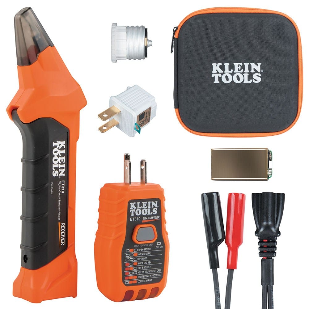 A flat-lay arrangement of the Klein Tools circuit breaker finder kit components, including the orange and black receiver wand, the GFCI outlet transmitter, a light socket adapter, a 3-prong ground adapter, alligator clip adapter, a 9V battery, and a black zippered hard case.