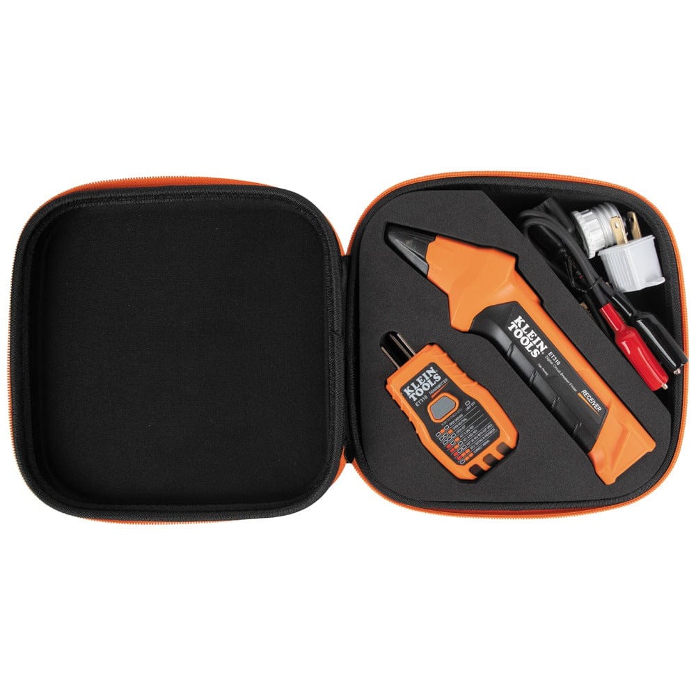 The open black carrying case showing the circuit breaker finder kit components neatly organized inside a custom-fit black foam insert.