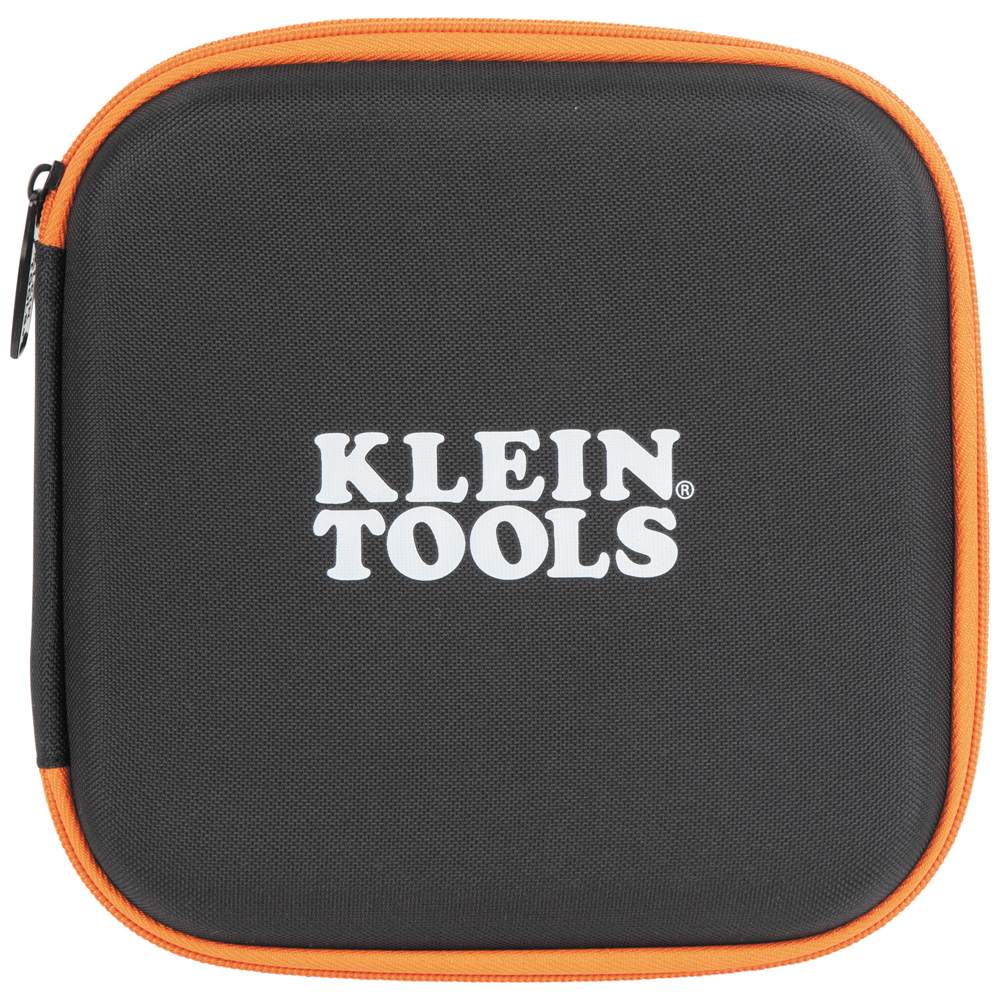 The closed black semi-hard carrying case featuring the Klein Tools logo in white and orange piping around the zipper.
