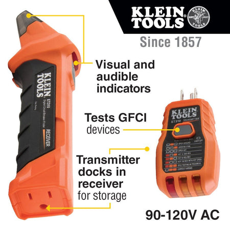 An infographic displaying the receiver and transmitter with text pointing out "Visual and audible indicators" on the receiver, "Tests GFCI devices" on the transmitter, and "Transmitter docks in receiver for storage."