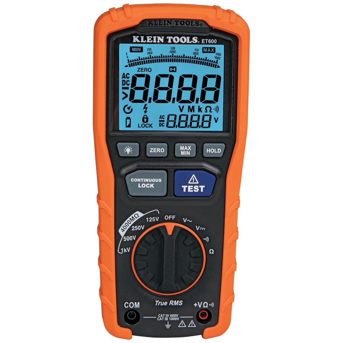 A direct front studio shot of the Klein Tools ET600 multi-function megohmmeter and insulation resistance tester. The device features a large backlit LCD with a digital readout and analog bar graph, a professional rotary dial for selecting test voltages up to 1000V DC, and dedicated buttons for continuous lock and insulation testing.