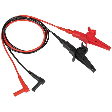 A close-up view of the heavy-duty alligator clip test leads included with the ET600. The professional-grade red and black leads feature right-angle safety connectors and large, insulated clips designed for secure attachment to motor terminals and electrical busbars.