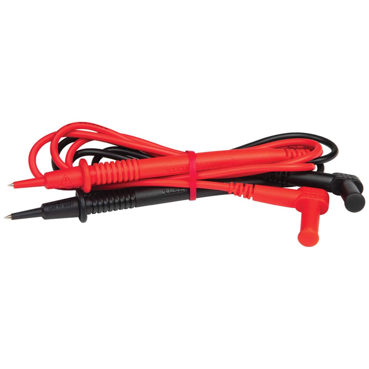 Detailed view of the Klein Tools right-angle test leads bundled together. These high-quality red and black silicone leads feature shrouded safety plugs and sharp stainless steel tips, rated for use in CAT III and CAT IV electrical environments.