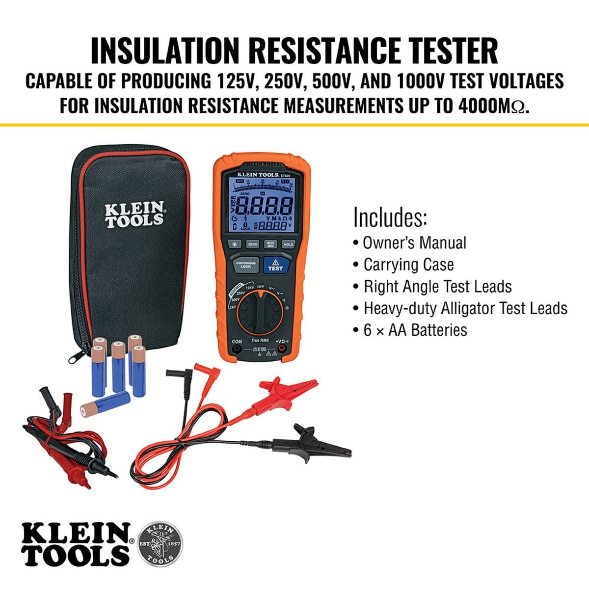 A technical marketing graphic listing the contents of the ET600 insulation resistance tester kit. The image identifies the inclusion of the owner's manual, a protective carrying case, right-angle test leads, heavy-duty alligator clip leads, and six AA batteries.