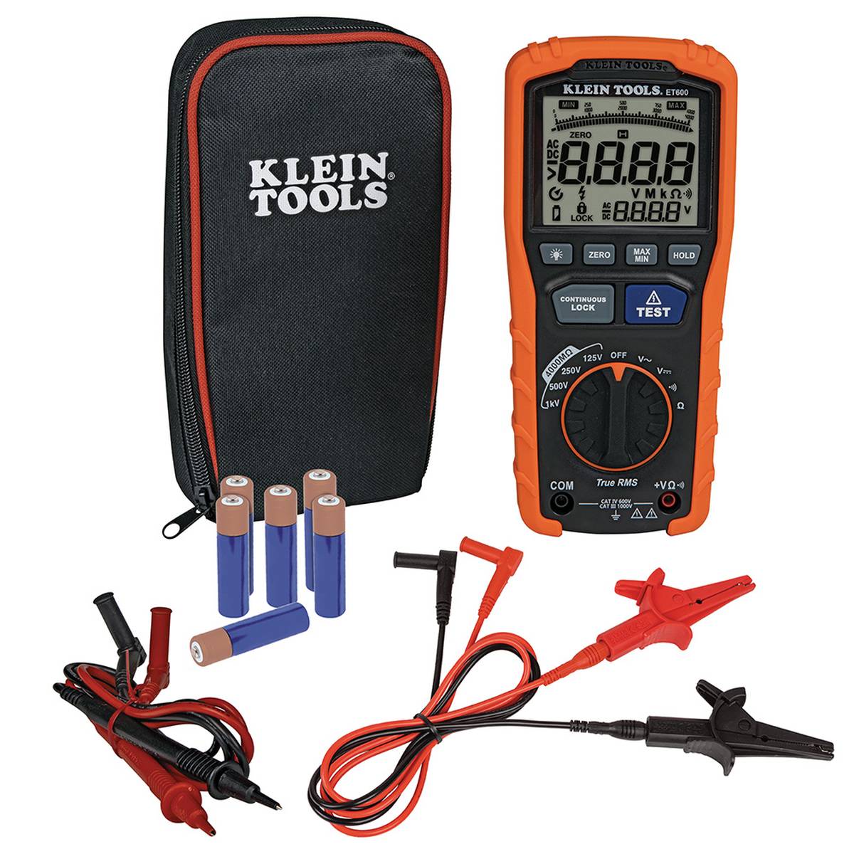 A studio kit shot of the Klein Tools ET600 system. The professional diagnostic package includes the digital megohmmeter, a set of red and black safety-rated test leads, heavy-duty alligator clips, six AA alkaline batteries, and a zippered black and orange storage case.