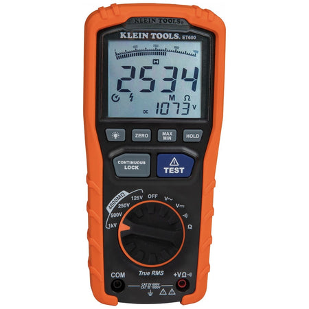 A detailed front view of the ET600 tester with the rotary dial set to the 1kV insulation test position. The interface highlights the various diagnostic functions, including True RMS AC/DC voltage measurement, continuity, and resistance testing modes.