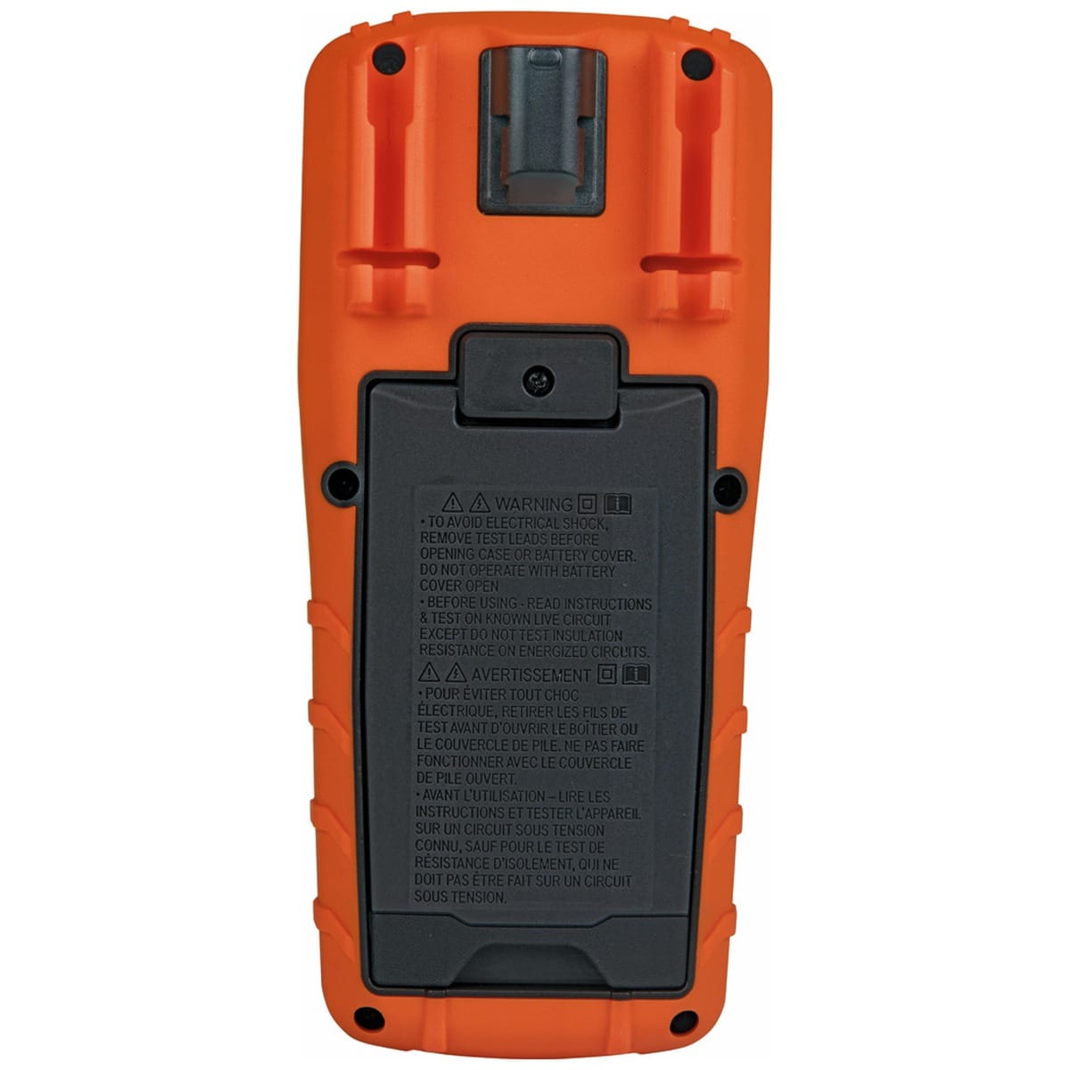 A back view of the Klein Tools ET600 highlighting the rugged industrial polymer housing. The image showcases the printed safety warnings in English and French, the secure battery compartment cover, and the attachment point for an optional magnetic hanger.