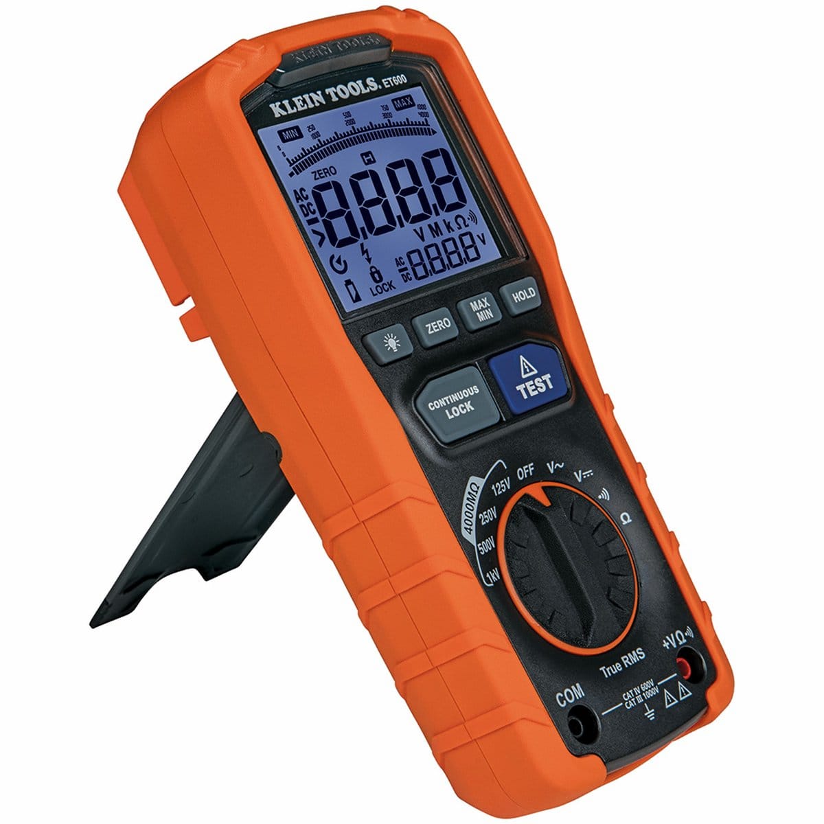 An angled perspective shot of the ET600 digital multimeter and megohmmeter with the integrated stand deployed. The ergonomic design and textured side grips are emphasized, showcasing the tool's professional build quality for field diagnostics.