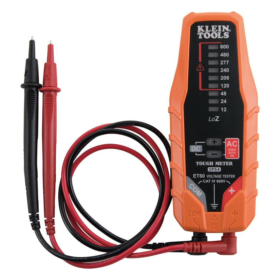 Front view of the Klein Tools ET60 Electronic AC/DC Voltage Tester featuring a modern solid-state design. The device displays a vertical 9-level LED indicator range from 12V to 600V, low impedance (LoZ) branding, and red and black test leads connected for standard electrical diagnostic testing.