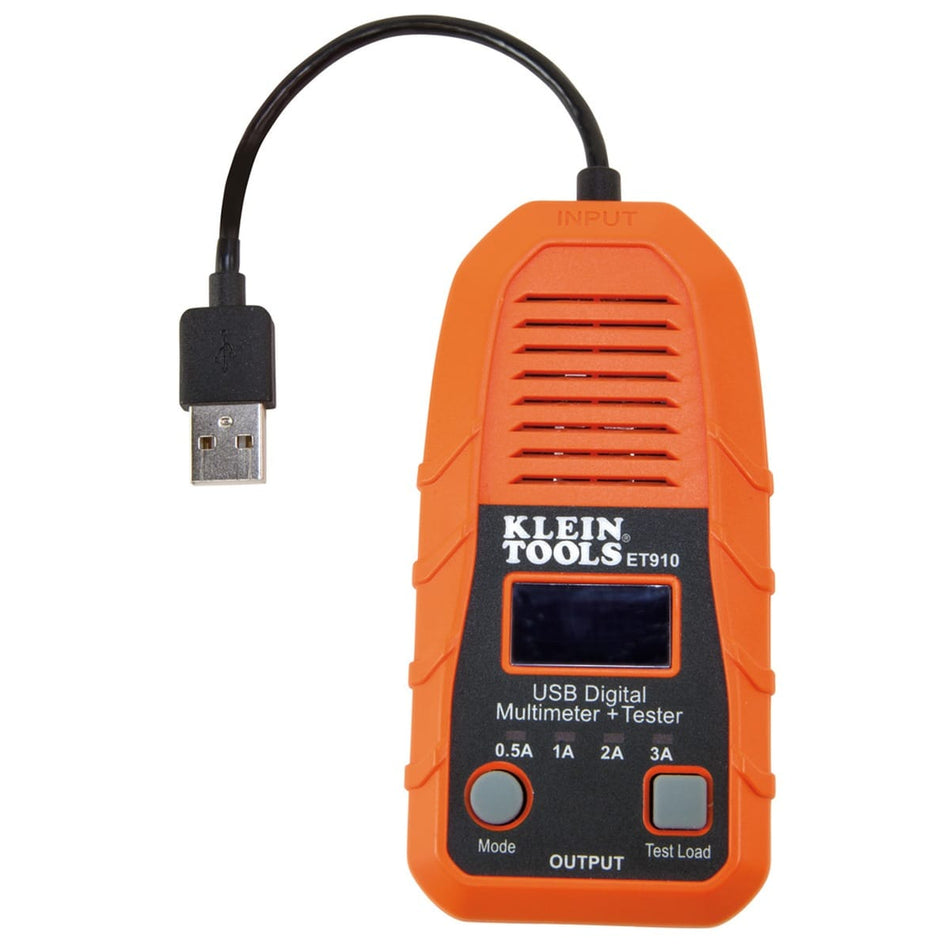 A front-facing studio shot of the Klein Tools ET910 USB digital multimeter and tester. The orange device features a high-resolution LCD screen, a flexible cable with a USB-A input connector, two tactile buttons for mode and test load selection, and four LED indicators for 0.5A, 1A, 2A, and 3A internal test loads.