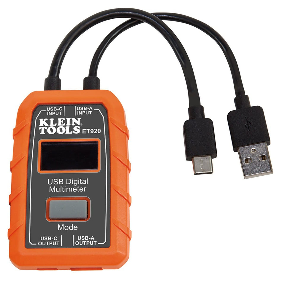 A front-facing studio shot of the Klein Tools ET920 USB digital multimeter. The compact orange device features a high-resolution LCD screen, a central Mode button, and two integrated flexible cables terminating in USB-C and USB-A input connectors.