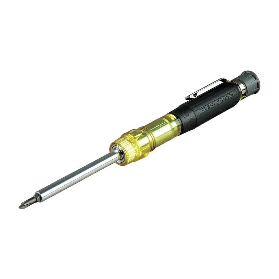 Klein 32614 precision pocket screwdriver assembled with bit tip extended and ready for delicate low-voltage electrical work.