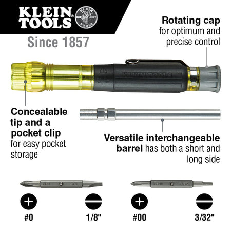 Diagram detailing Klein 32614 driver features, including swivel cap, sliding pocket cuff, short/long reversible barrel, and double-ended bits.