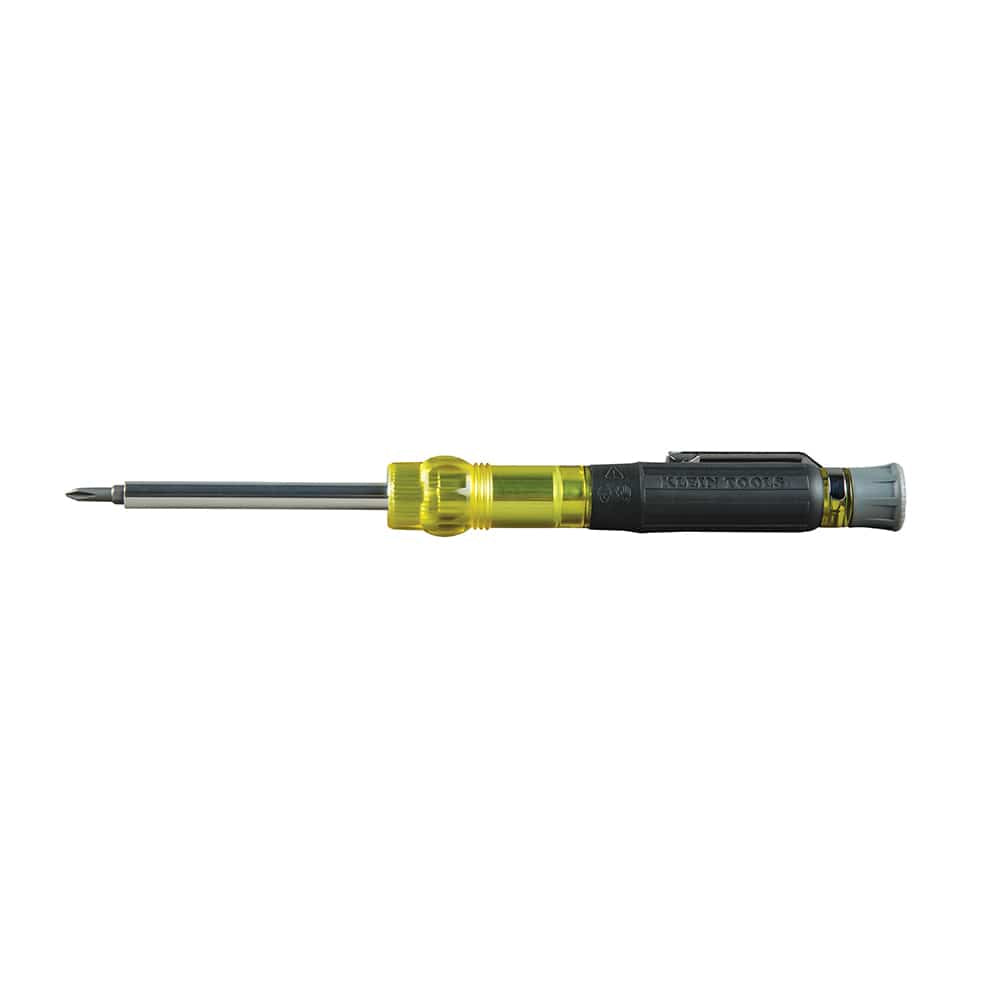 Klein Tools 32614 precision driver configured with its extended 2.09-inch long shaft for deep terminal screw access.