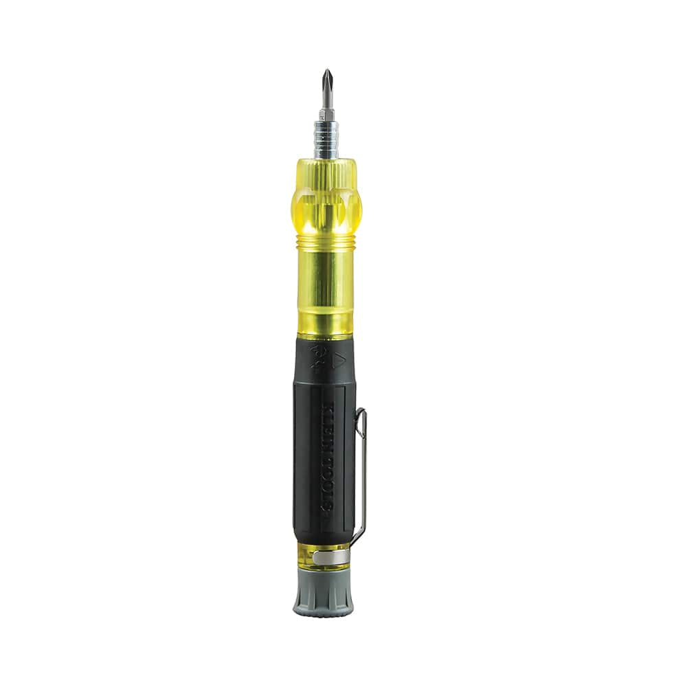 Klein Tools 32614 precision driver configured in short-reach position with a #0 Phillips bit loaded in its yellow Cushion-Grip handle.