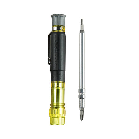 Klein 32614 driver handle alongside its removable double-ended steel shank loaded with micro Phillips and slotted driver bits.