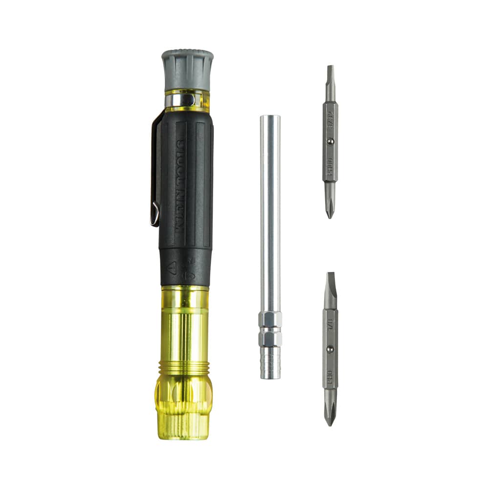 Klein 32614 pocket driver components fully disassembled into yellow handle, aluminum barrel, and two double-ended precision bits.