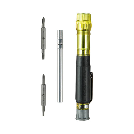 Klein 32614 pocket driver components fully disassembled into yellow handle, aluminum barrel, and two double-ended precision bits.