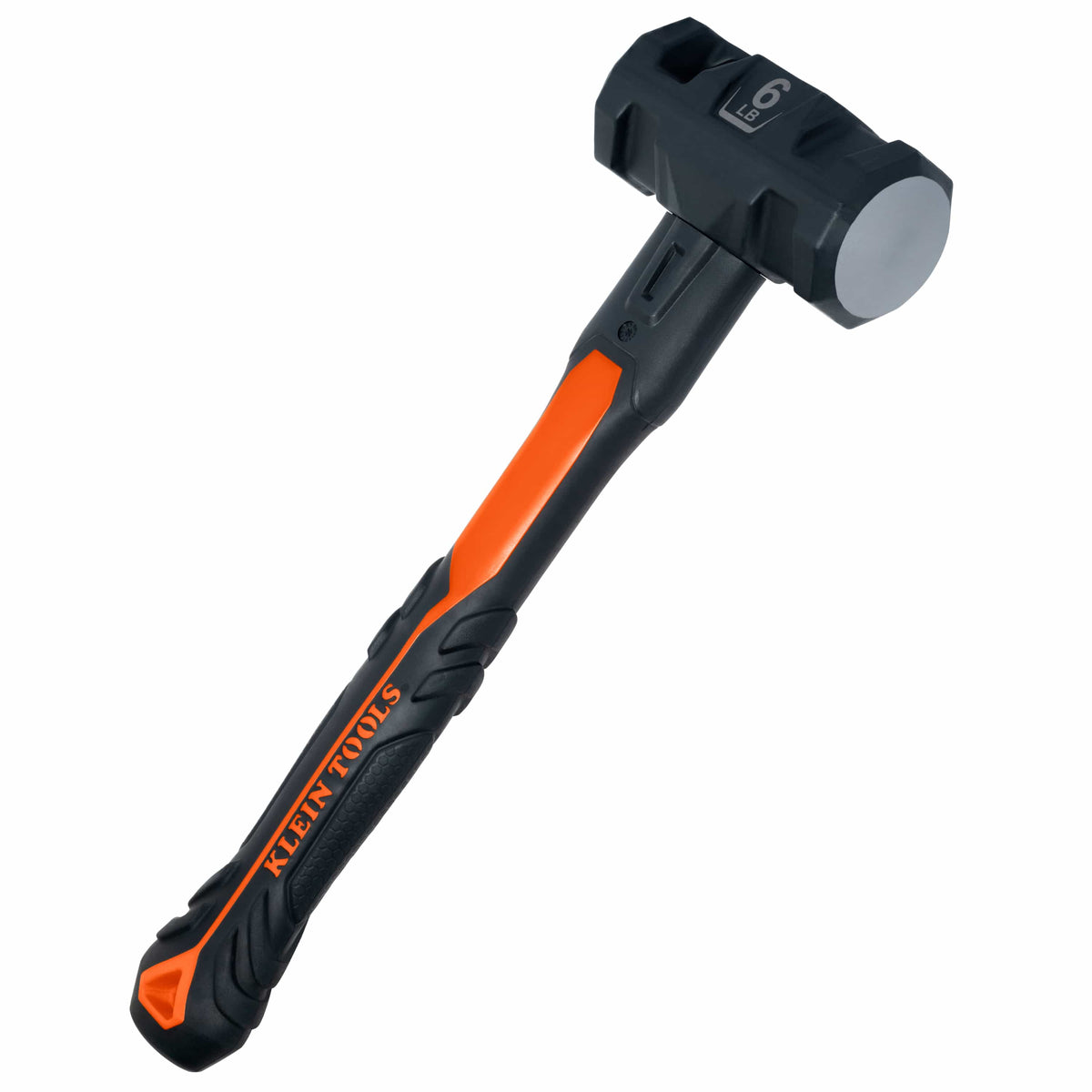 Klein H80626 6-pound lineman sledgehammer featuring a forged steel head, shock-absorbing fiberglass handle, and lanyard tether hole.