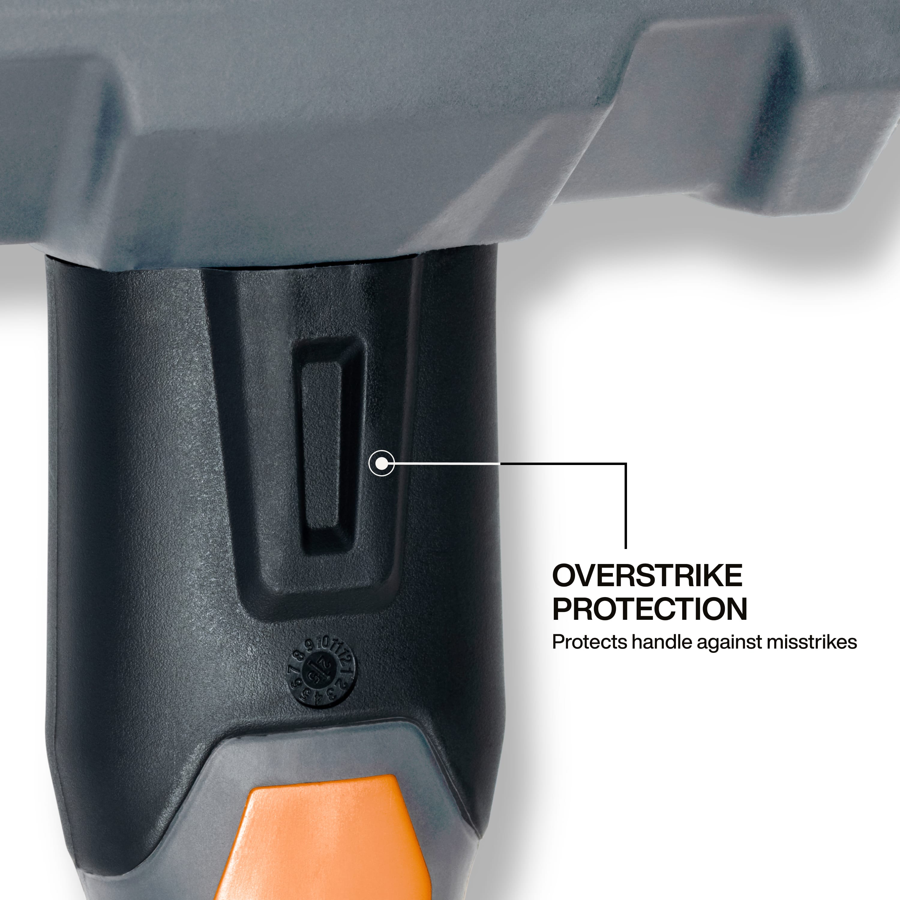 Close-up of the reinforced overstrike protection collar located below the 6 lb steel head to prevent fiberglass handle fracturing.