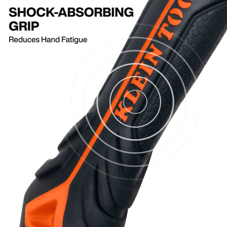Close-up of the orange and black textured TPE handle grip designed to absorb impact vibration and reduce hand fatigue during strikes.
