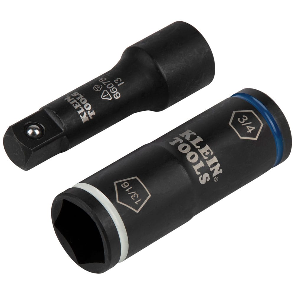 Klein 66080 dual-ended flip socket and 1/2-inch drive adapter laid out to show the 13/16-inch penta and 3/4-inch hex openings.