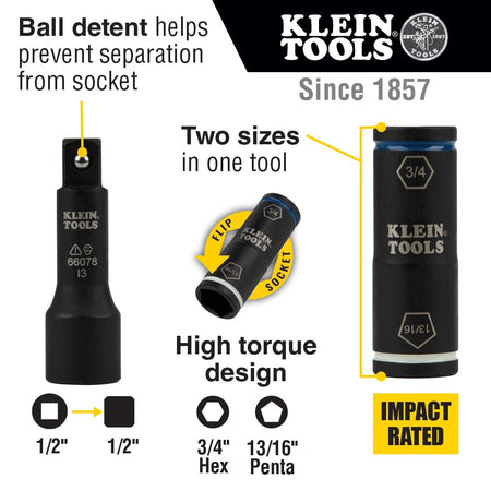 Diagram detailing the 1/2-inch square drive conversion, ball detent retention, and 13/16-inch penta to 3/4-inch hex flip mechanism.
