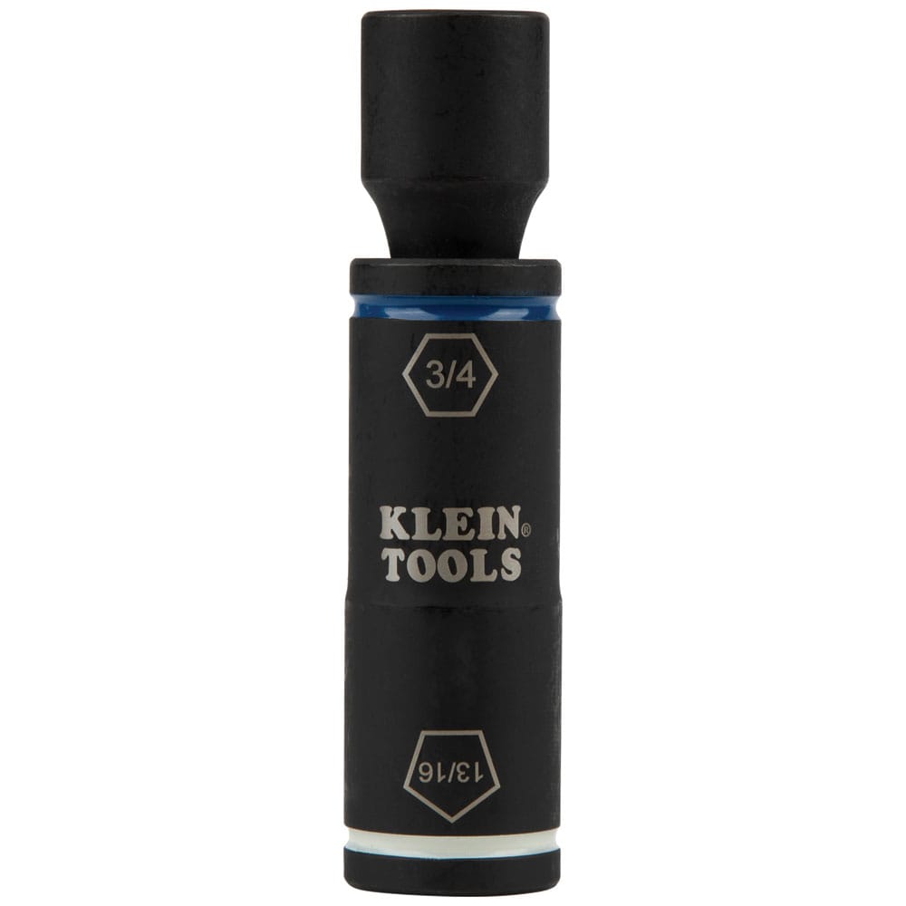Klein 66080 2-in-1 flip socket mounted on its 1/2-inch square drive adapter displaying laser-etched size callouts and color rings.