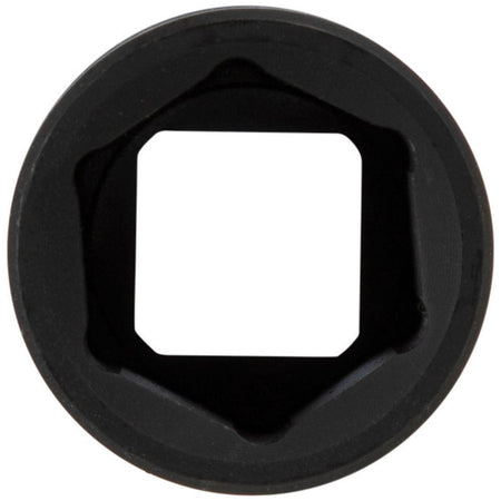 Direct end view showing the 6-point 3/4-inch hex opening and internal square drive pass-through profile of the Klein flip socket.